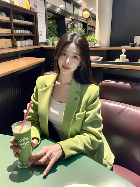 Woman sitting at table holding cup of matcha smoothie, pale blue Chanel collarless jacket, Mayumi Wakamura, adult woman, sexual ...