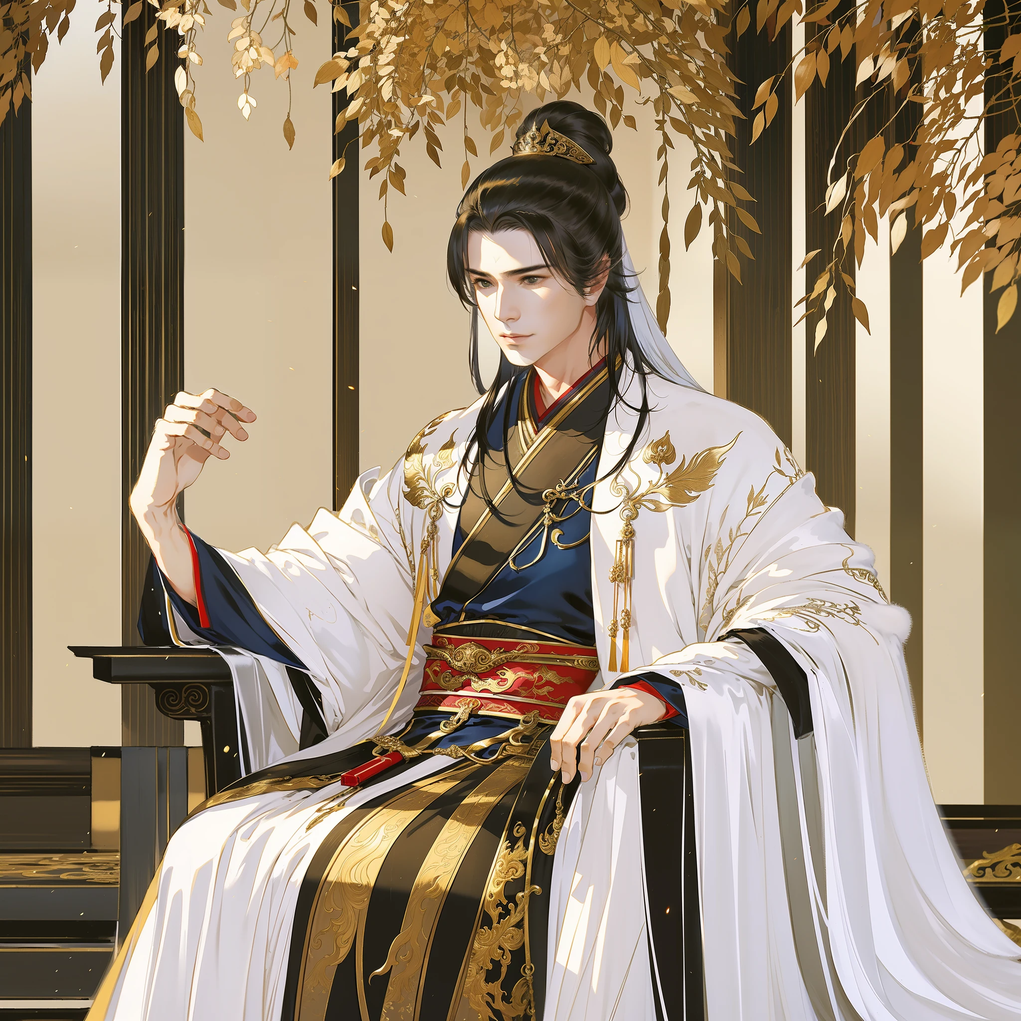 中国古代帅哥, 犀利的眼光, 五官清晰, 穿汉服, 坐在宝座上, 空荡荡的宫殿, 王者气质, 全身肖像, 清晰的脸, 漂亮的眼睛, 杰作, 非常详细, 史诗般的作曲, 超高清, 高质量, 最好的质量, 32K