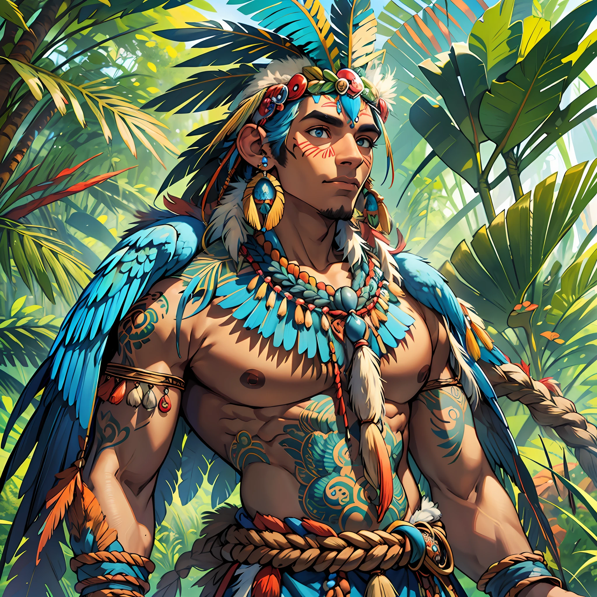 Anthropozoomorphic humanoid god native brown skin with blue macaw wings and human body and some blue macaw feather on body, perfect body, sacred guardian of the forest, Brazilian, amazonian divine scenery, tupi guarani clothes