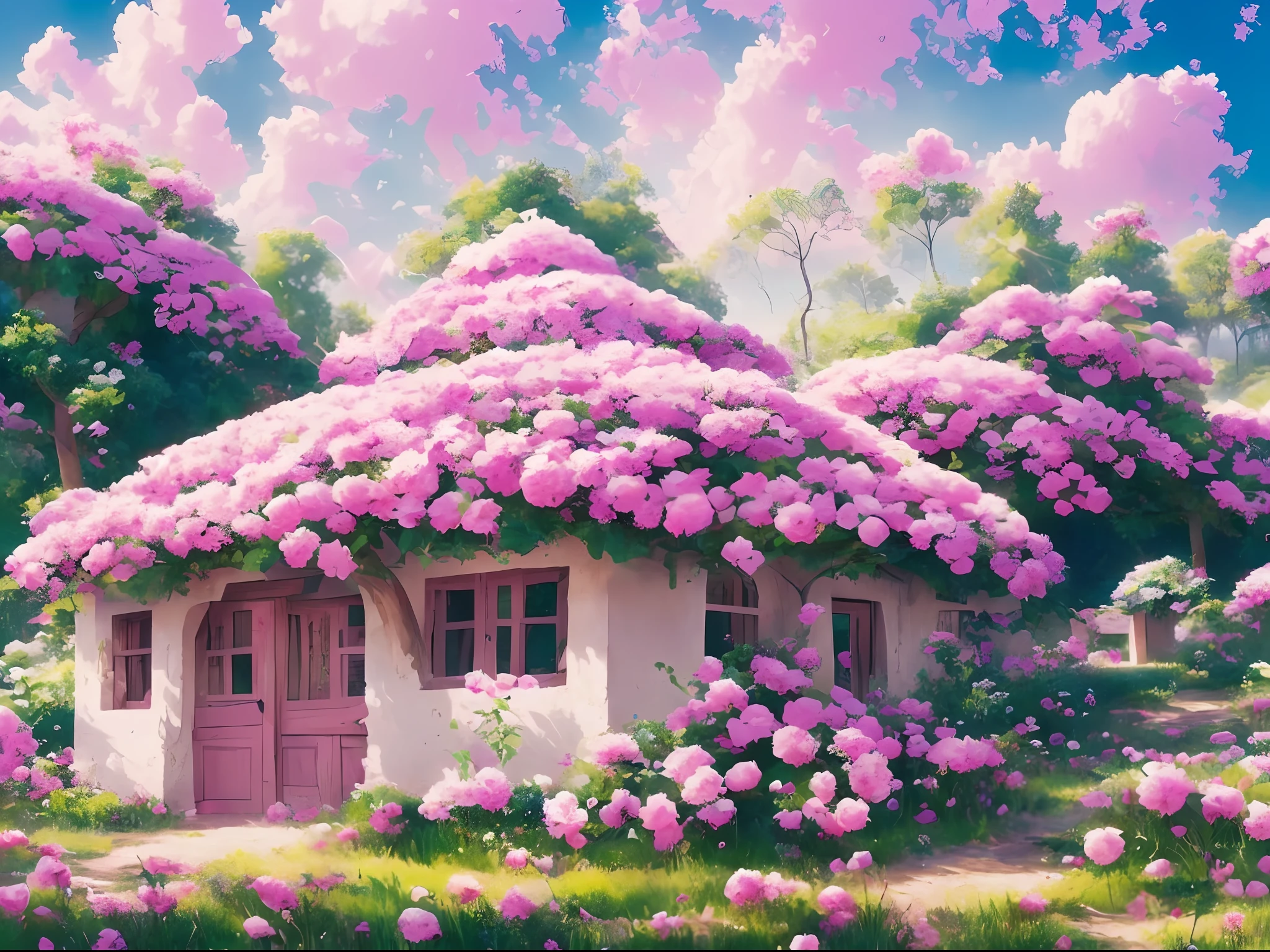 In the forest, around the thatched huts, overgrown with beautiful pink roses, blue sky, white clouds, high definition --auto --s2