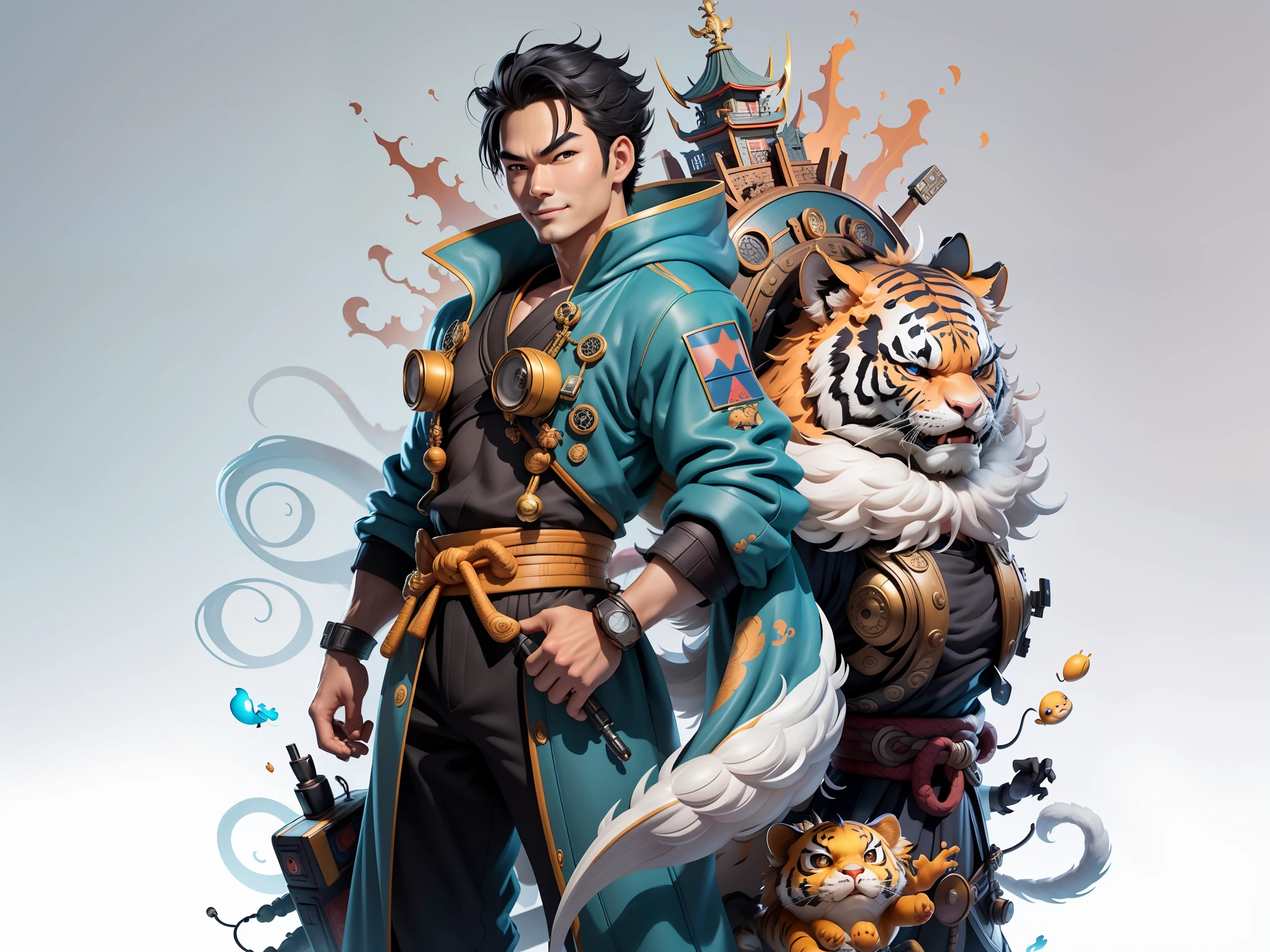 (Masterpiece), (Excellent), (Super Meticulous), (Full Body: 1.2), Super Young Man with Japanese Female Geisha, Beauty, Chinese Dragon, Tiger, Wind God Thor, Sexy, Bursting, Oriental Face, TV Anchor, Bust Portrait Illustration, Black Suit, Blue Tie, Slightly Chubby, Very Clean Face, No Beard, Black Super Short Hair, Black Eyes, Confident Smile, 3c Computer Sub-Products, iPad, iPhone, Digital Painting, 3D Character Design by Mark Claireden and Pixar and Hayao Miyazaki and Akira Toriyama, The illustration is a high-definition illustration in 4K resolution with very detailed facial features and cartoon-style visuals.