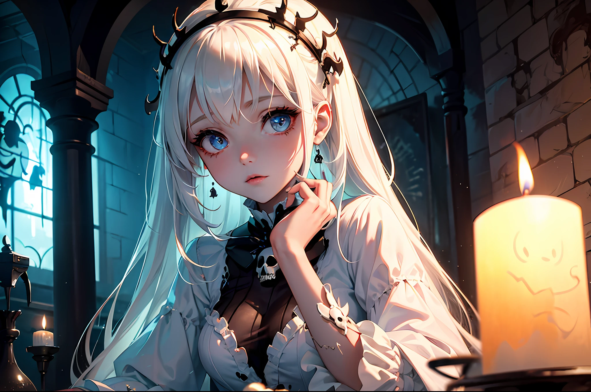 ((masterpiece)), best quality, ultra-detailed, kawaii rpg necromancer, depicting a ghost girl wearing a white tattered dress, surrounded by spooky elements such as candles, cobwebs, and skulls. The abandoned station setting is emphasized with the presence of a stop sign, while urban details add to the eerie atmosphere of the image. The girl's white hair, eyes, and eyelashes further enhance the ghostly and dead-eyed effect.👻 🕯️🕸️☠️