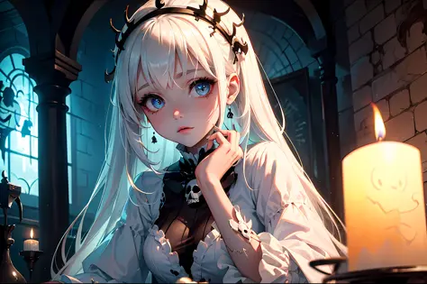 ((masterpiece)), best quality, ultra-detailed, kawaii rpg necromancer, depicting a ghost girl wearing a white tattered dress, su...