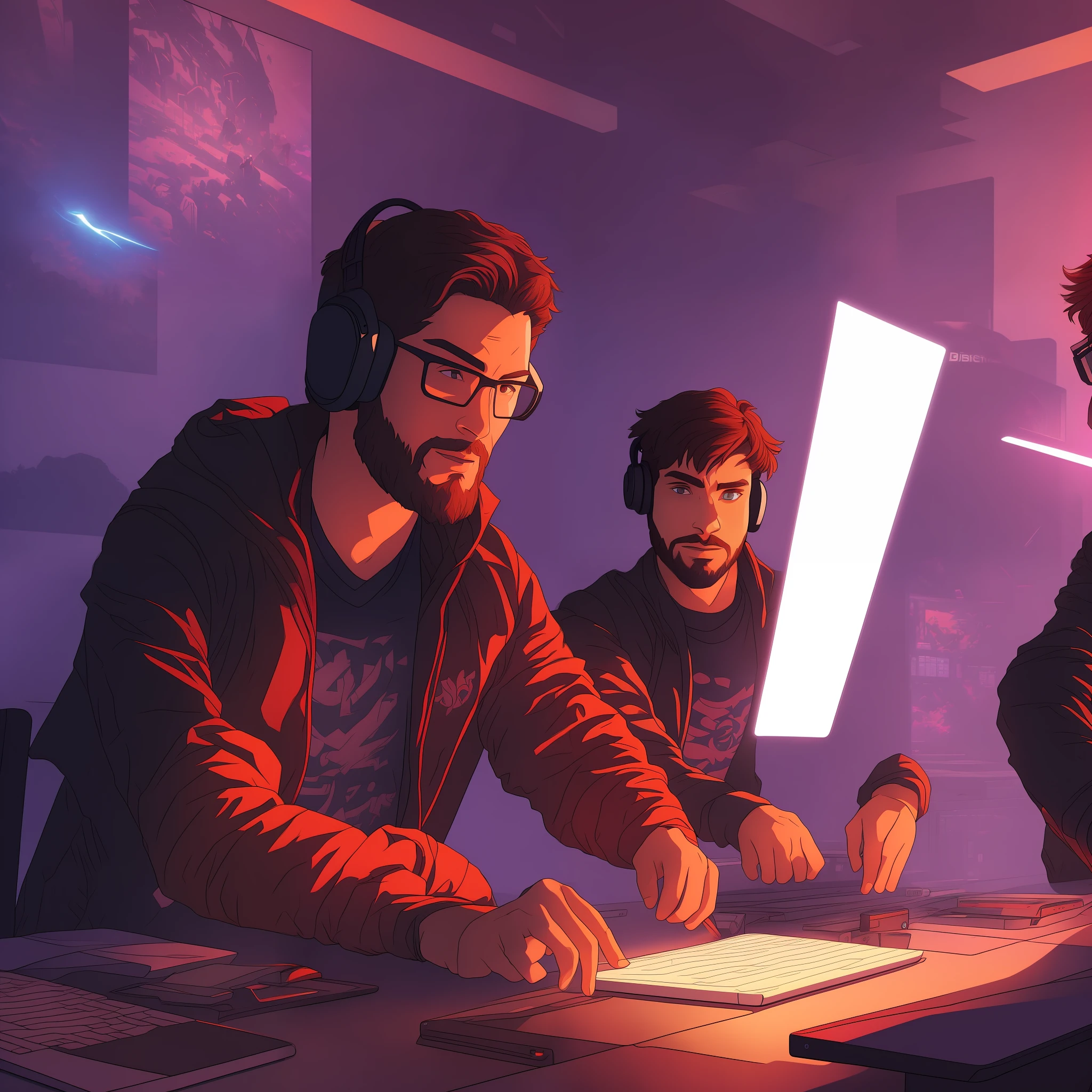 A ilustração retrata Gabriel e seu amigo Lucas imersos em uma emocionante partida de Dota, sentados em seus respectivos computadores no quarto. O ambiente é iluminado pela luz suave do monitor, que ilumina os rostos concentrados dos jogadores. Nas paredes, pôsteres coloridos de Dota adicionam um toque de paixão e atmosfera ao ambiente. --auto --s2