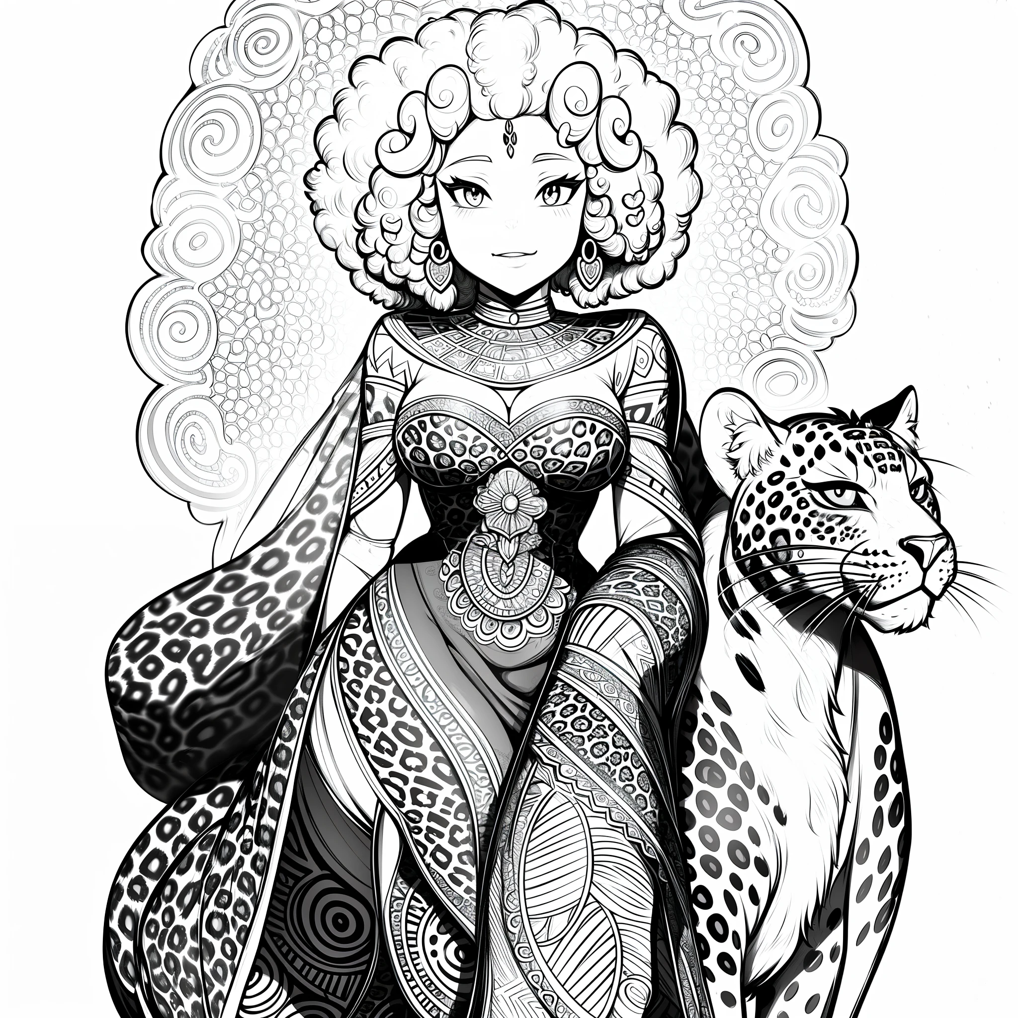 (Outline drawing of an african princess (curly afro hair) with a leopard at her side), full body, lineart only, outlines, perfect for a coloring book's page, (disney art style), white background