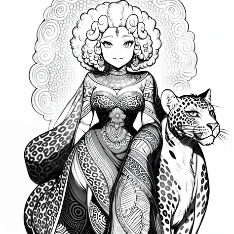 (Outline drawing of an african princess (curly afro hair) with a leopard at her side), full body, lineart only, outlines, perfec...