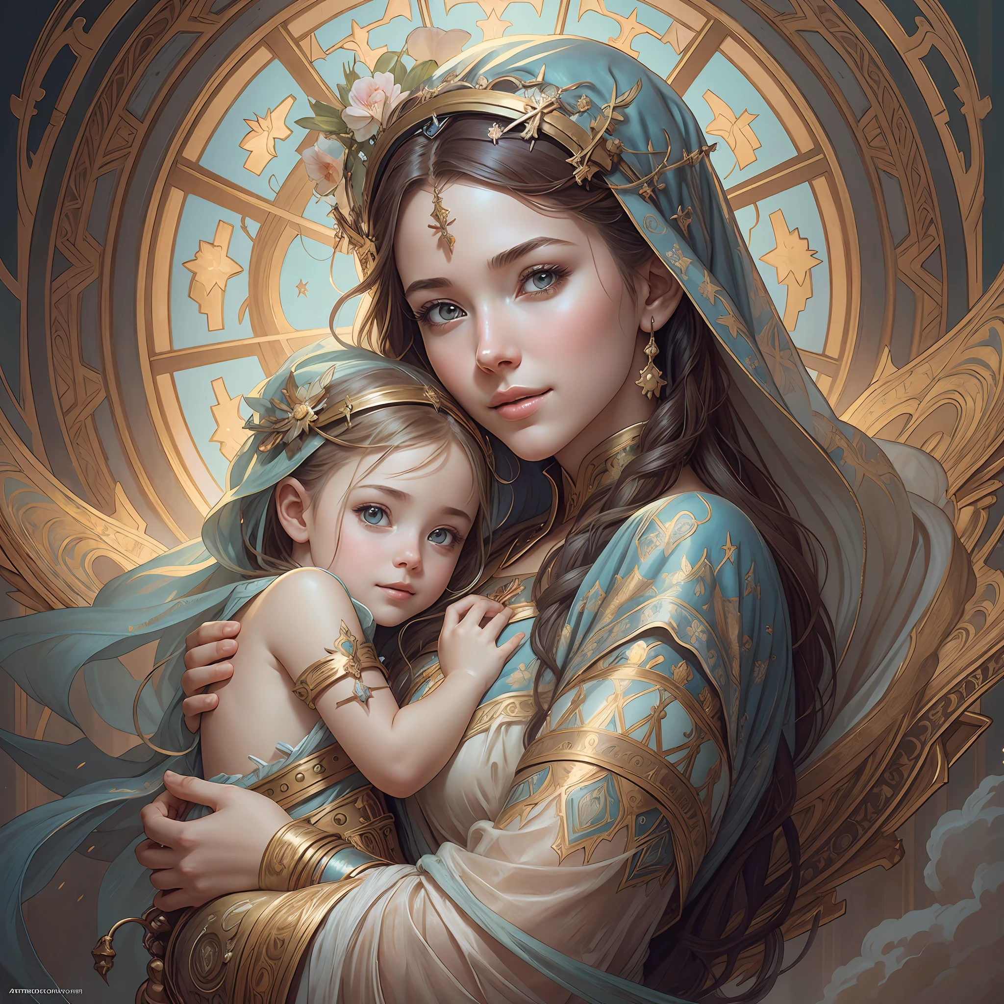 masterpiece, woman and , holy virgin mary with little boy in her arms, ((halo over head)), smiling, heavenly sky, half body, ((divine light)), ethereal, clouds, back lighting, realistic portrait, symmetrical, strong, intricate drawing, highly detailed, digital painting, art station, concept art, fluid, sharp focus, illustration, against heaven's gate, cinematic lighting, works by artgerm and greg rutkowski and alphonse mucha --auto --s2