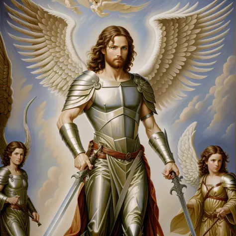 Angel Michael leading the angels in combat, sword. oil painting --auto --s2