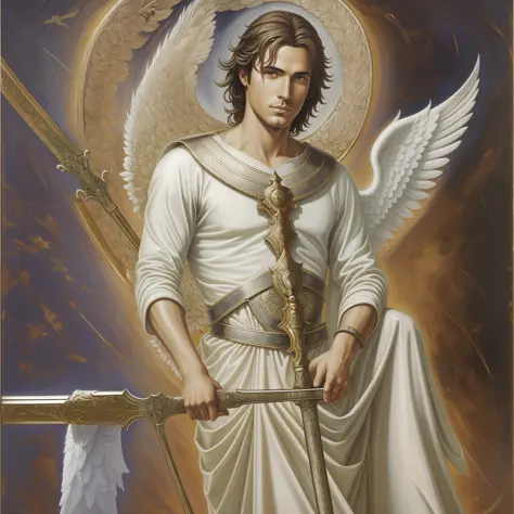 Man loiro Saint Archangel miguel com a espada, age 29 years, Catholic saint. celestial environment. purity. emanated heals. pint...