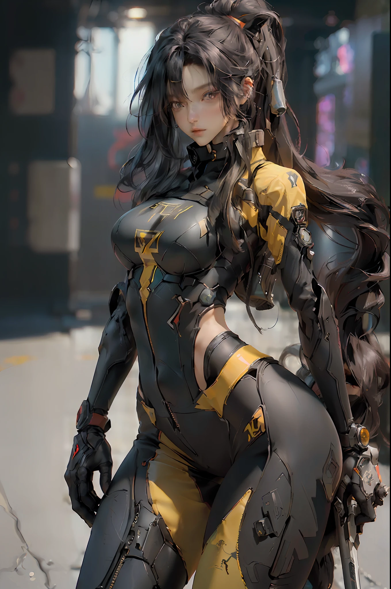 (Best Quality)), ((Masterpiece), (Details: 1.4), 3D, (Cyberpunk Style: 1.5), ((35-year-old Sexy Mature Female Figure)), (Sexy Big Sister Female Image), (Greasy Senior Sister), (Multiple Pose), HDR (High Dynamic Range), Ray Tracing, NVIDIA RTX, Super-Resolution, Unreal 5, Subsurface Scattering, PBR Texture, Post-processing, Anisotropic filtering, depth of field, maximum sharpness and sharpness, multi-layered textures, albedo and highlight maps, surface shading, precise simulation of light-material interactions, perfect proportions, perfect figure, Octane Render, two-color light, large aperture, low ISO, white balance, rule of thirds, 8K RAW, big breasts, long black hair, delicate facial features, red mix and match yoga pants mecha style, yellow graffiti background