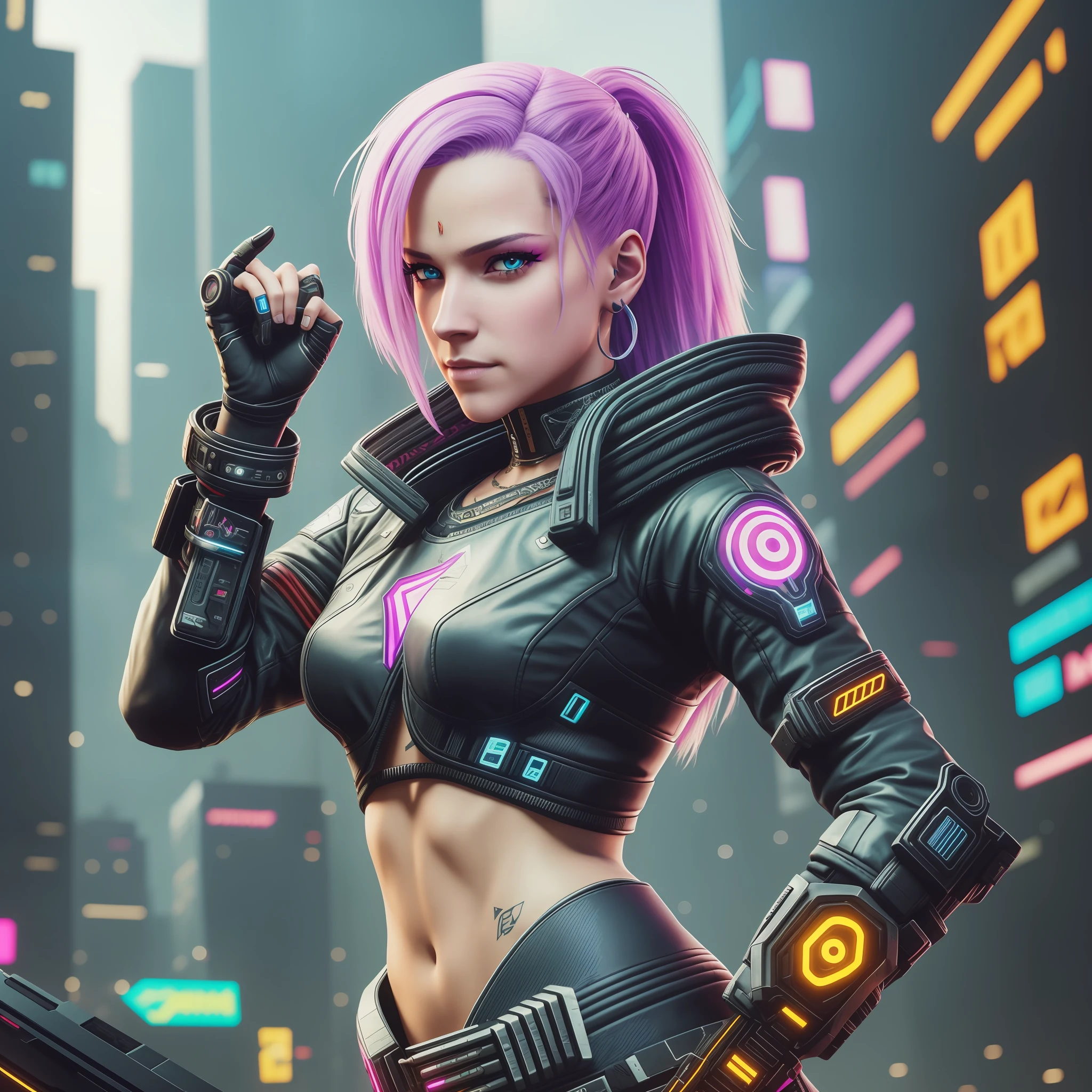 A woman in a futuristic outfit holding a gun in a city - SeaArt AI