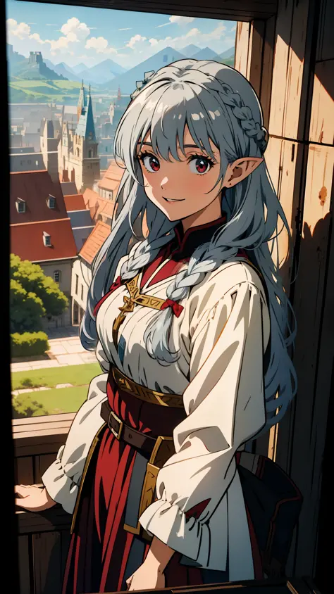 Overlooking the city, close up of one girl, elf princess, silver hair, red eyes, braid, medieval style dress, laughing, smiling,...