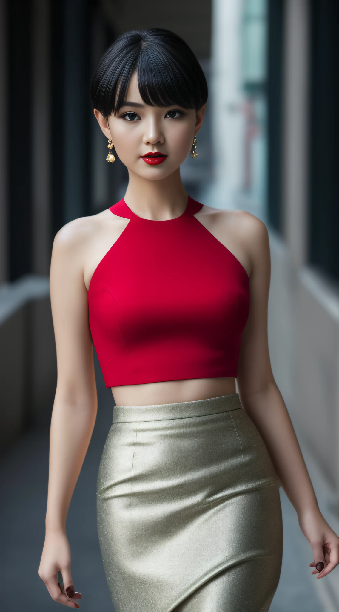 AS-MidAged,closeup photography, appeal, short hair, black hair, make up, red lips, Scenery of Hong Kong,Pencil skirt,  jewelry, Looking towards the audience, hyper realistic, {an extremely delicate and beautiful girl}, 8k wallpaper, {{{masterpiece}}} (whole body: 0.9), front, walk，