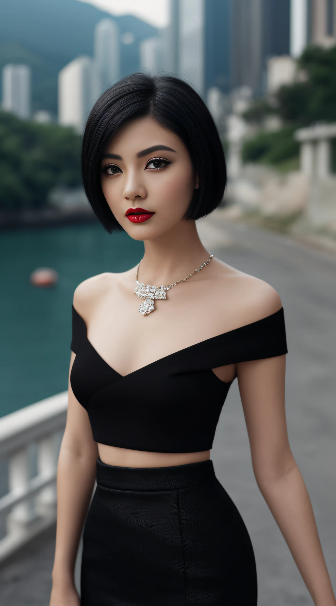 AS-MidAged,closeup photography, appeal, short hair, black hair, make up, red lips, Scenery of Hong Kong,Pencil skirt,  jewelry, Looking towards the audience, hyper realistic, {an extremely delicate and beautiful girl}, 8k wallpaper, {{{masterpiece}}} (whole body: 0.9), front, walk，