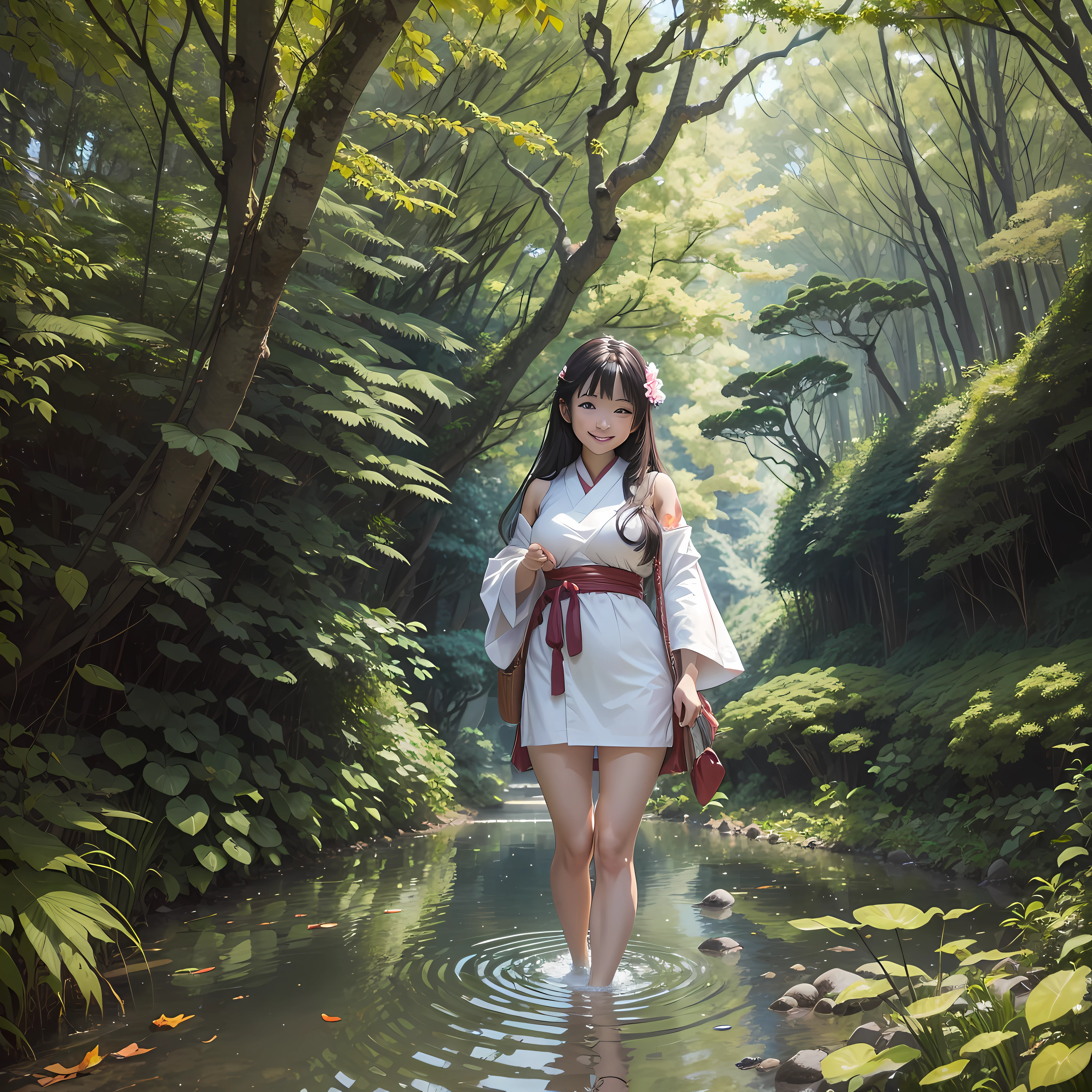 There is a woman walking through a stream in the woods - SeaArt AI