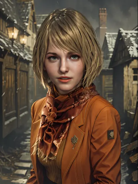 1 girl, solo, close up shot, Ashley Graham from resident Evil 4 Remake, face of Ella Freya, short hair, blonde hair, long sleeve...