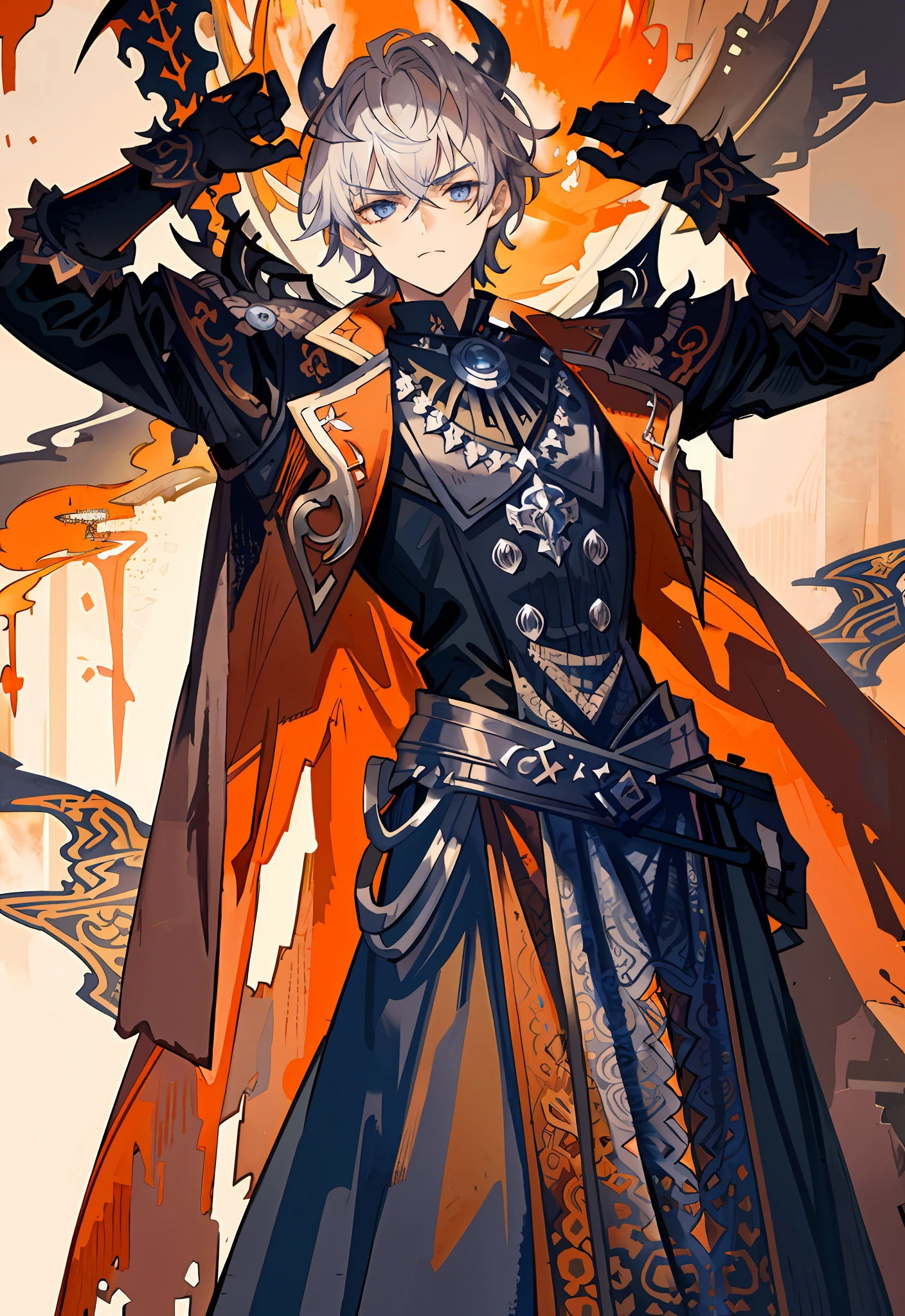 Masterpiece, top quality, man's drawing, ((Satanist, intricate costumes, burnt orange theme)), depressed look, strongly built tough man, short hair, silver hair, sideways sweeped fringe, indigo blue eyes, tall, northern desert, complex background, dynamic poses, action scenes