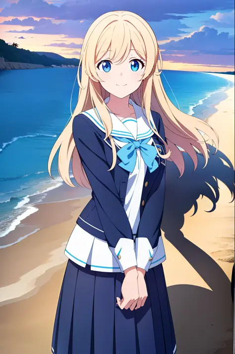 A maiden, seaside, dusk, shadow, school uniform, smile, best quality, super high resolution, light hair, light