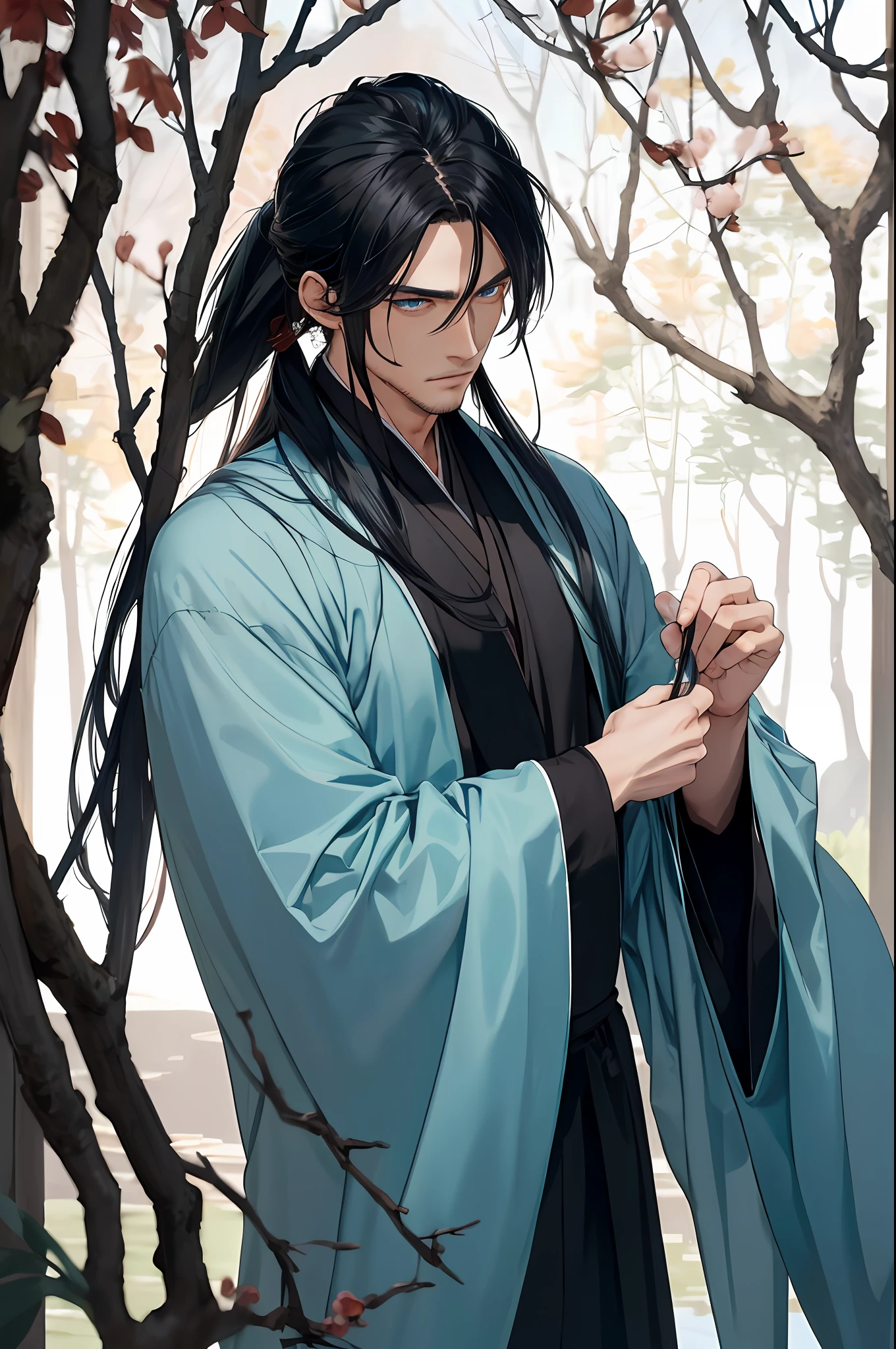 Masterpiece, best, a man, chinoiserie, ancient china, black hair, gray blue eyes, split hair, long hair, long bangs, high ponytail, handsome, masculine, gentle, tall, quiet, teal robe, outdoors, cloak, Branches, windy, young man, relaxed expression, boxing posture, pure white inside