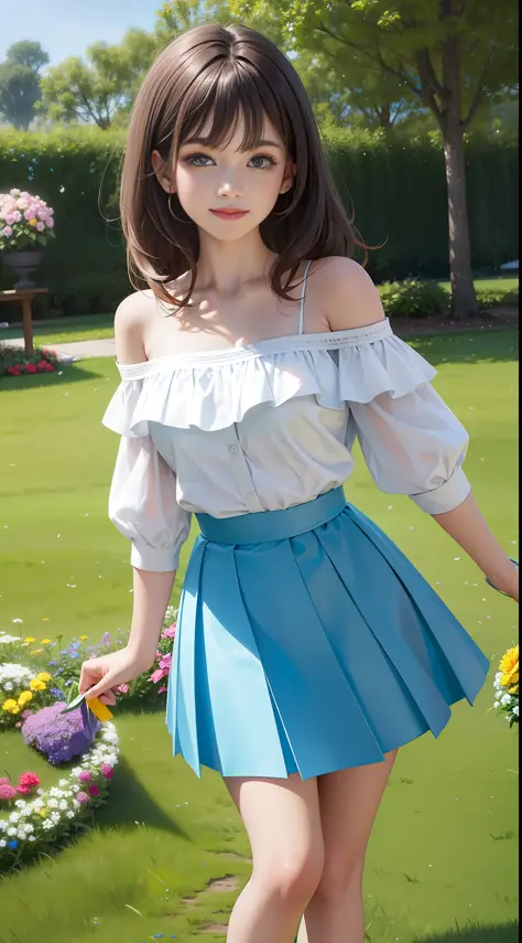 HD, depth of field, sideways, brunette hair, smile, anime, girl, wearing an off-the-shoulder white blouse, blue pleated skirt, standing on the grass with colorful flowers and plants around her