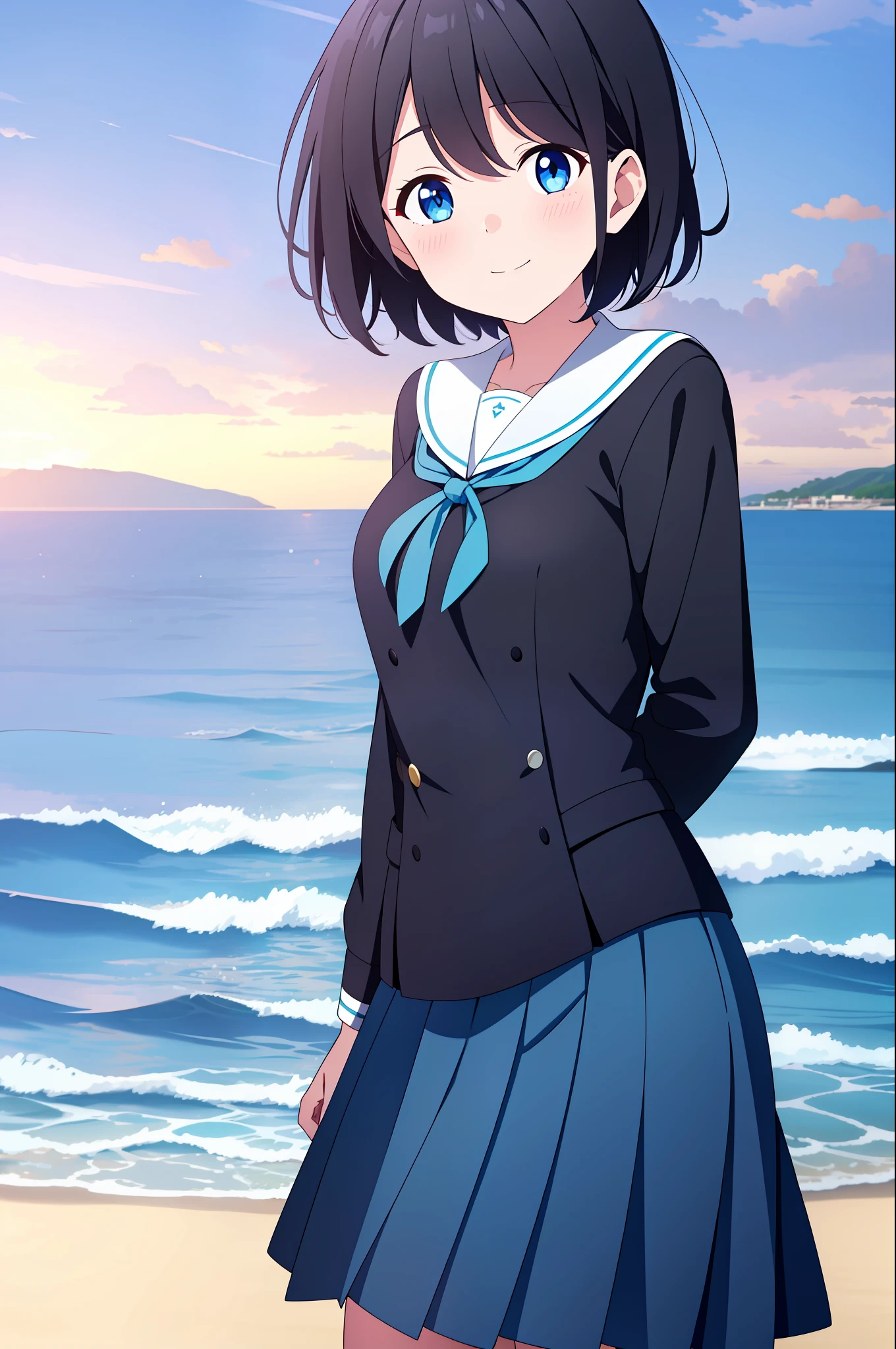 A maiden, seaside, dusk, shadow, school uniform, smile, best quality, super high resolution, black hair, short hair, blush, light, blue eyes