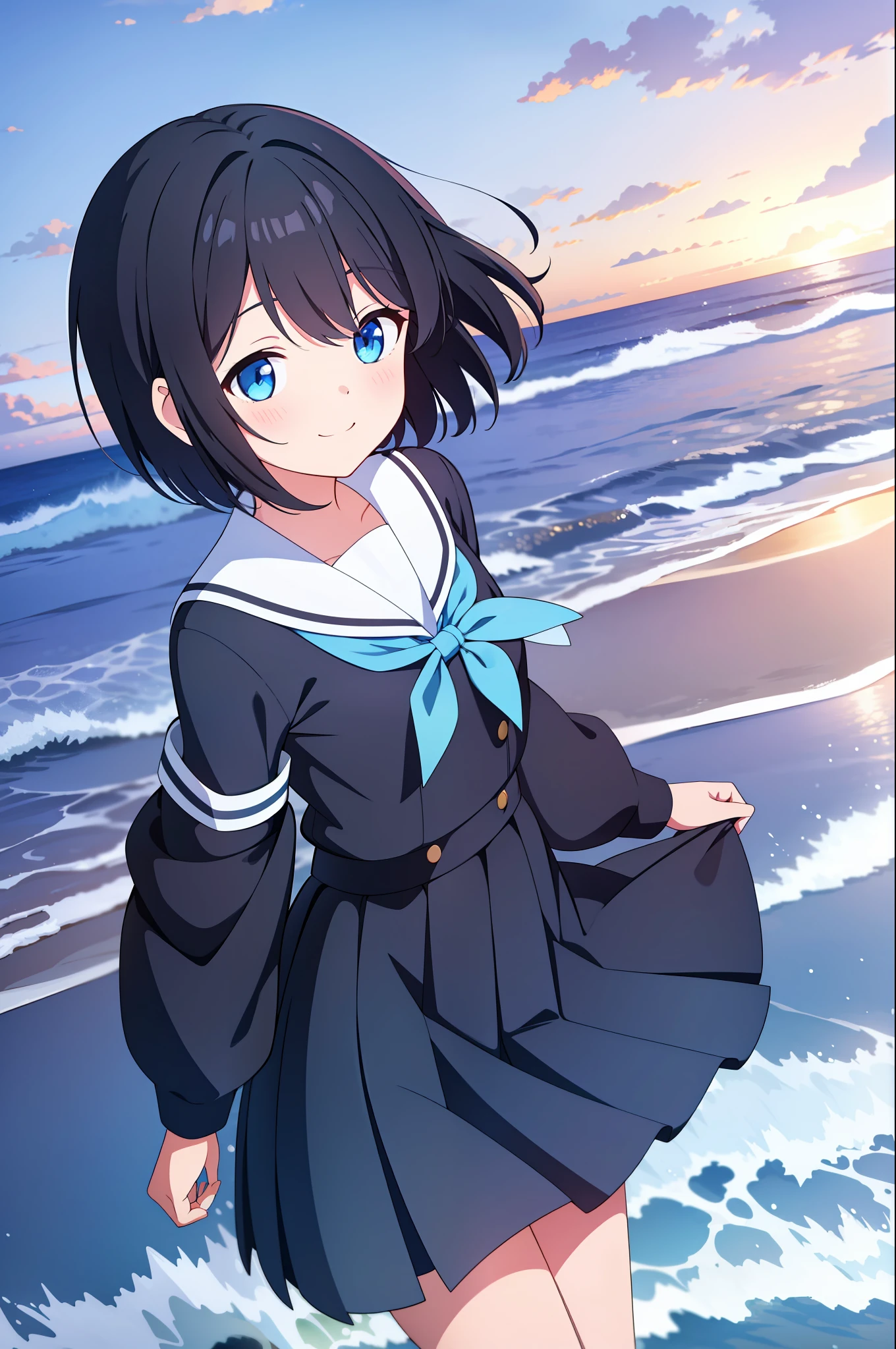 A maiden, seaside, dusk, shadow, school uniform, smile, best quality, super high resolution, black hair, short hair, blush, light, blue eyes