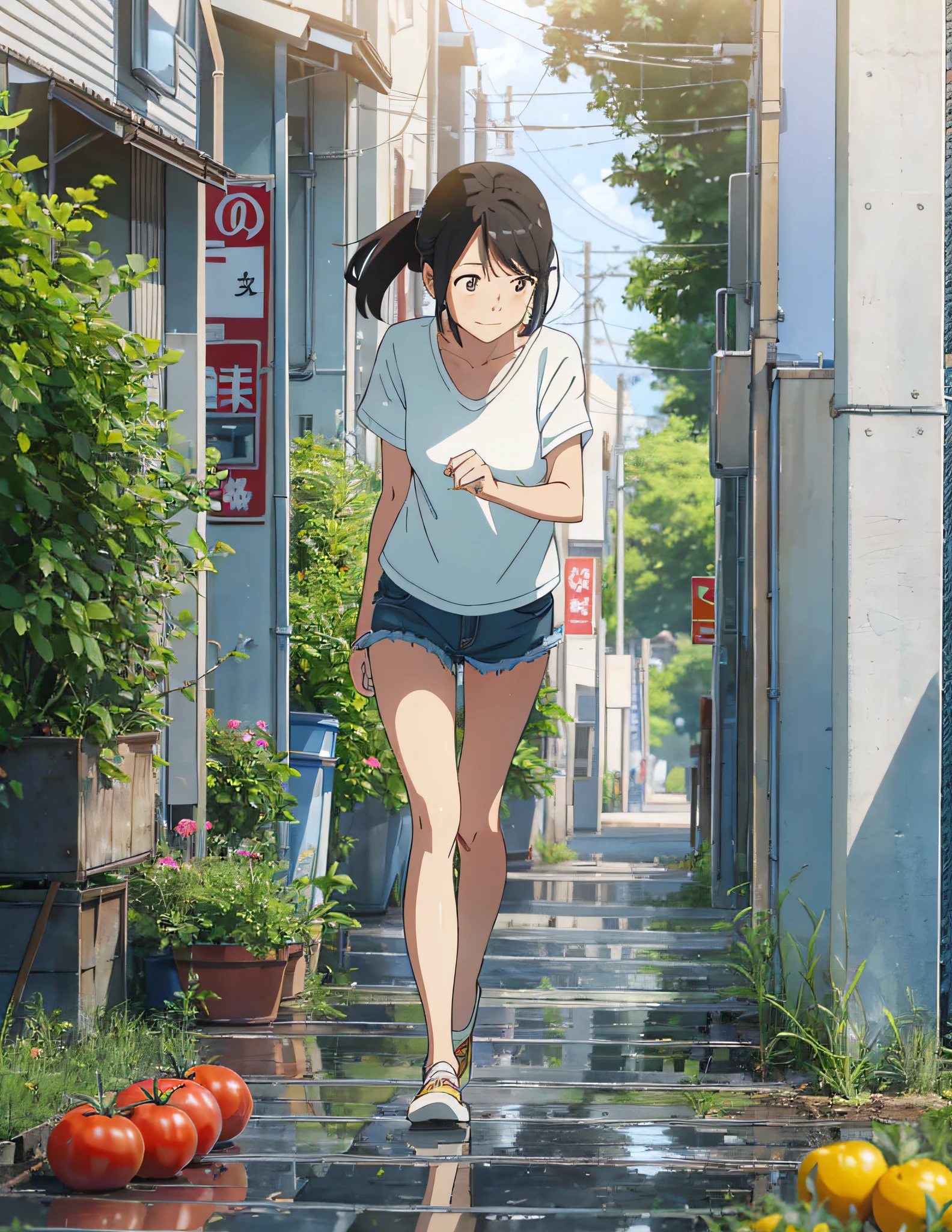 Shinkai Vent sincère, Anime, après la pluie, Effet visuel en mouvement, Éblouissement naturel. Une jolie femme dans un T-shirt blanc et un short en jean, récolter beaucoup de tomates, un visage gentil de 20 ans, et une jolie femme qui semble travailler avec plaisir. --auto --s2