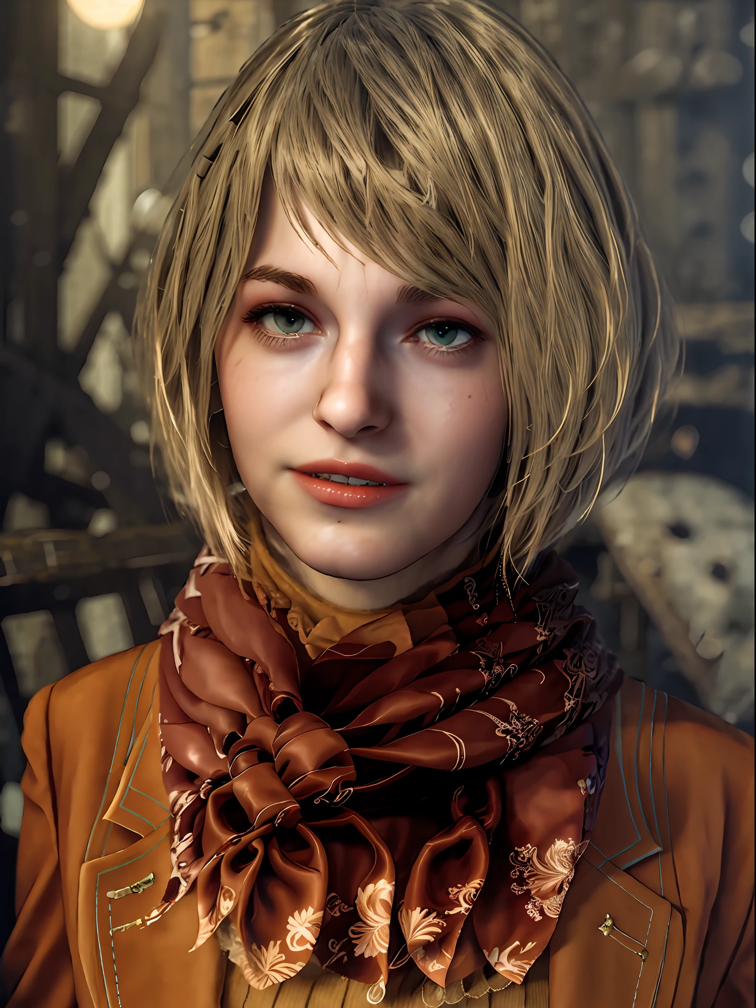 1 girl, solo, portrait, upper body shot, Ashley Graham from resident Evil 4 Remake, face of Ella Freya, short hair, blonde hair, slim lips, scarf, small necklace, orange sweater inside, cute smilling face, detailed face, breast, best quality, high resolution:1.2, 18th century village in the background, shadows, nightime, moonlight, depth of field, center focus