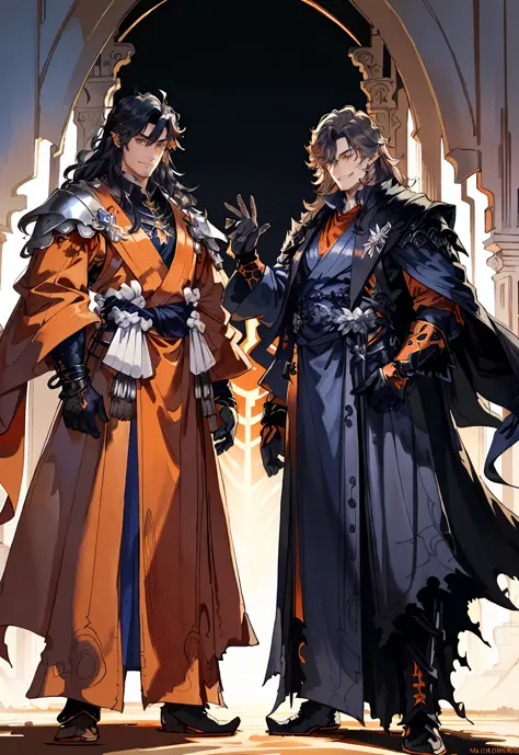 masterpiece, top quality, two guys, (((complex costumes, burnt orange theme)), smiling expression, tall strong short-haired blac...