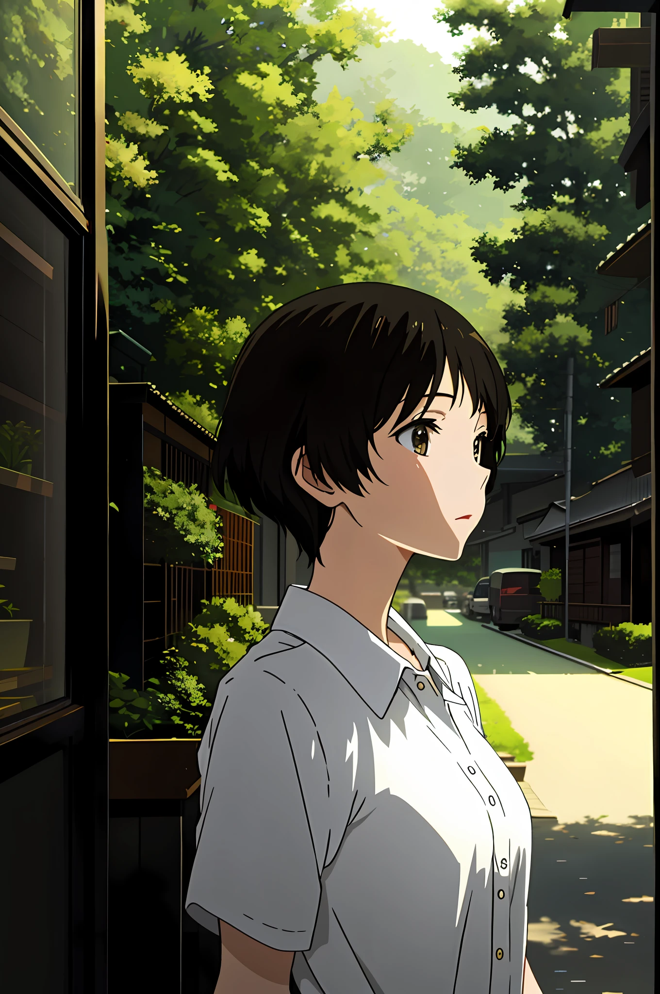 Hyouka masterpiece, best quality, 1 girl, short hair, outdoor, greenery, exquisite, realistic style, good looking landscape