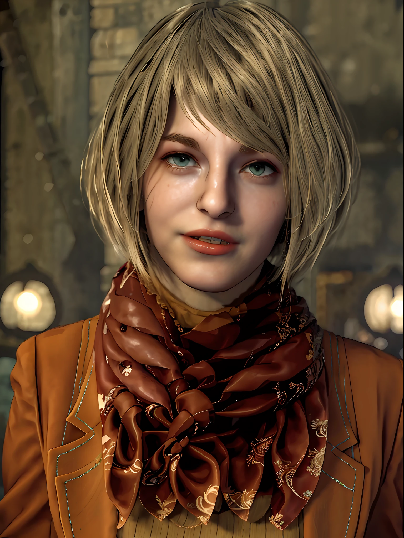 1 girl, solo, portrait, upper body shot, Ashley Graham from resident Evil 4 Remake, face of Ella Freya, short hair, blonde hair, slim lips, scarf, small necklace, orange sweater inside, cute smilling face, detailed face, breast, best quality, high resolution:1.2, 18th century village in the background, shadows, nightime, moonlight, depth of field, center focus