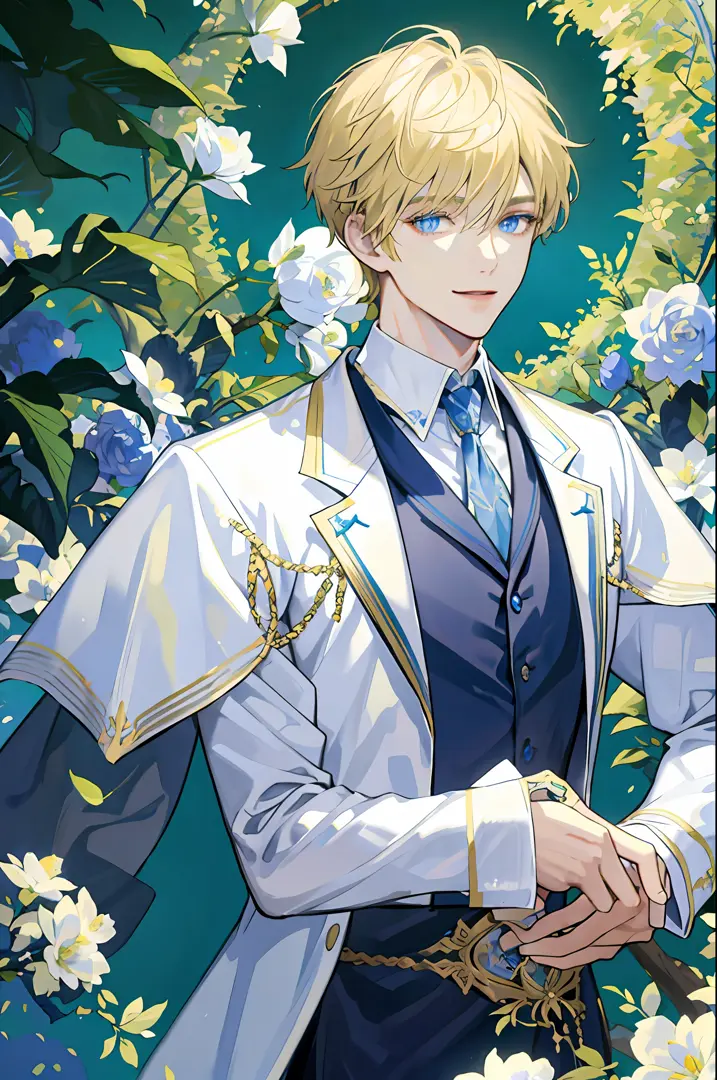 ((masterpiece: 1.2, best quality)), 1 man, short blond hair, blue eyes (handsome: 1.4), white suit, fantasy, uniform, royalty, forest, blooming flowers, sunlight, fantastic light and shadow , landscape, extremely detailed face, portrait, smile