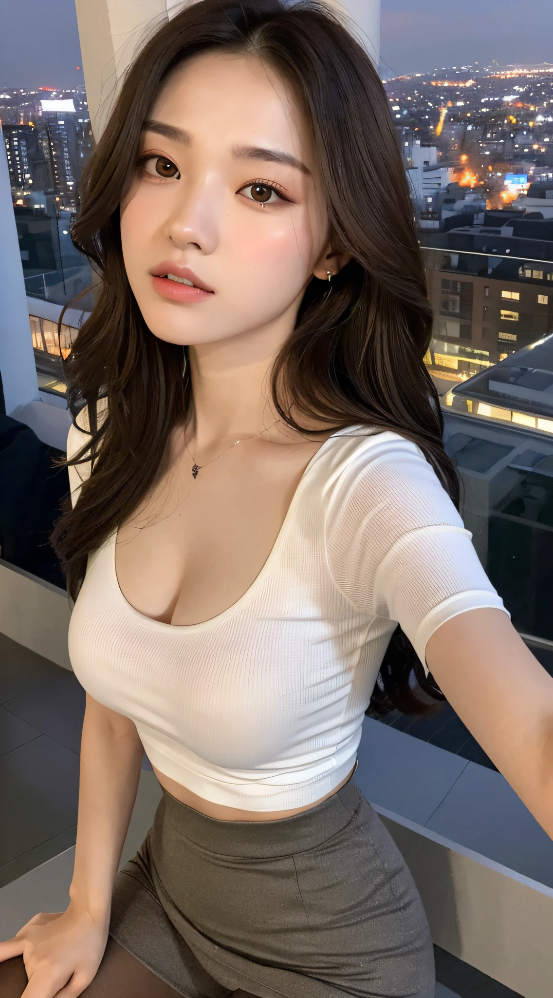 ((Excellent, 8K, Masterpiece: 1.3)), Full body, Long legs, Focal length: 1.2, Perfect Body Beauty: 1.4, Slim Abs: 1.1, ((Dark brown layered hair, Big breasts: 1.2) ), (White skinny T-shirt, pantyhose, standing: 1.2), ((City Night View, Roof: 1.3)), Highly detailed face and skin texture, Detailed eyes, Double eyelids