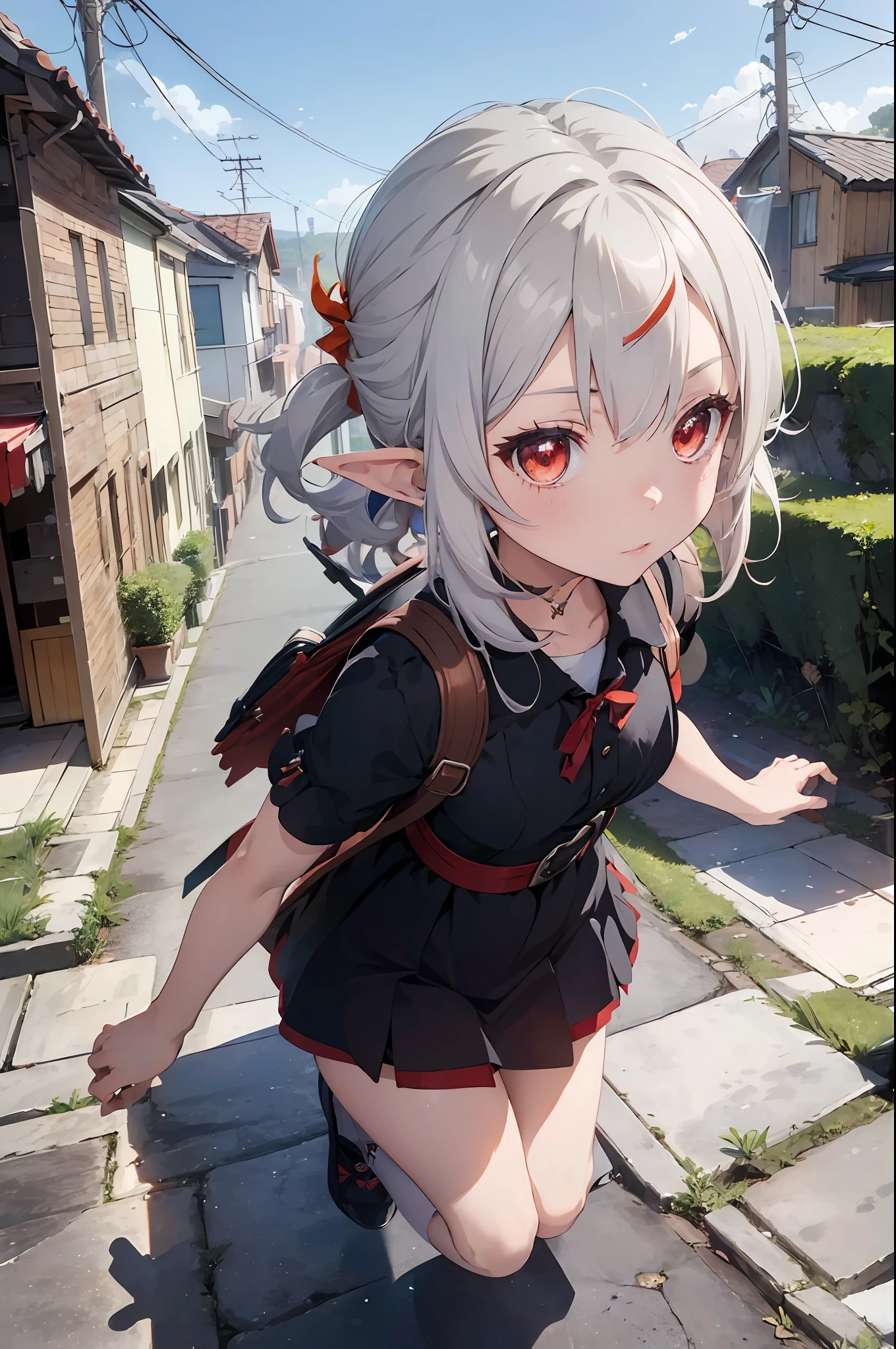 ((1 girl, Klee Genshin Impact, Genshin, silver hair, loli, flat, elf ear, red eyes, orange eyes, bloom, ray tracing, god rays, sparkle, cinematic lighting, pov, masterpiece, super detail, high details, high quality, anime, anime style)) fantasy, from above, witch, moon, night, night town, walking at street, holding book, black dress, red skirt, backpack