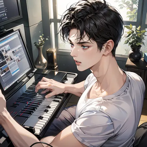 Masterpiece, high quality, best quality, HD, realistic, perfect lighting, detailed body, 1 man, short black hair, white t-shirt, serious expression, wearing headphones, open mouth, singing, sitting in front of the piano, playing the piano, facing the compu...