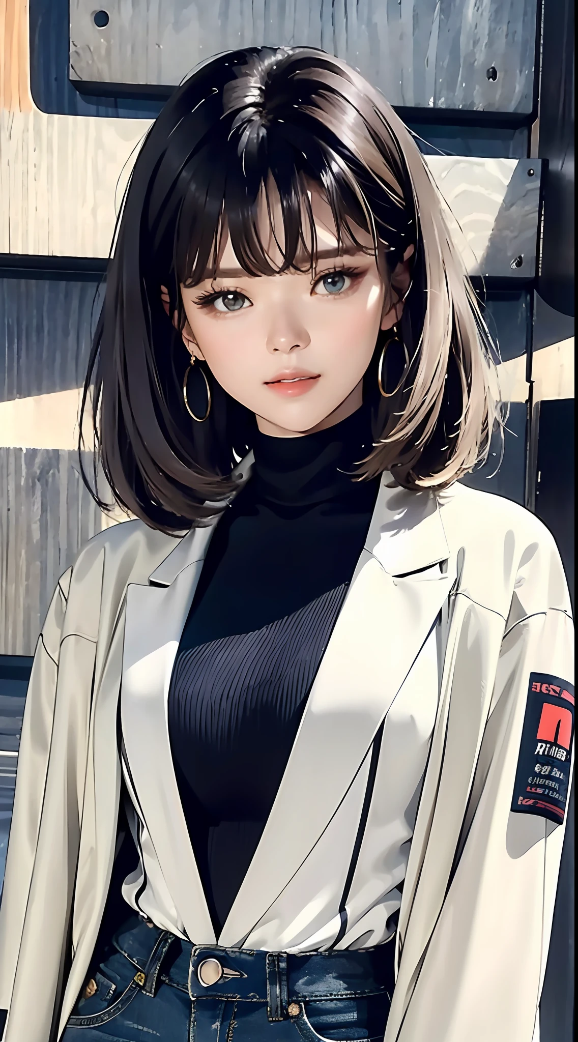 (masterpiece, best quality), beautiful woman, printed cropped turtleneck shirt, jacket, jeans, wavy hair, asymmetrical bangs, waving at the viewer, perfect face, beautiful face, alluring, big gorgeous eyes, soft smile, perfect slim fit body, city streets, (outdoor), seoul, bright colors