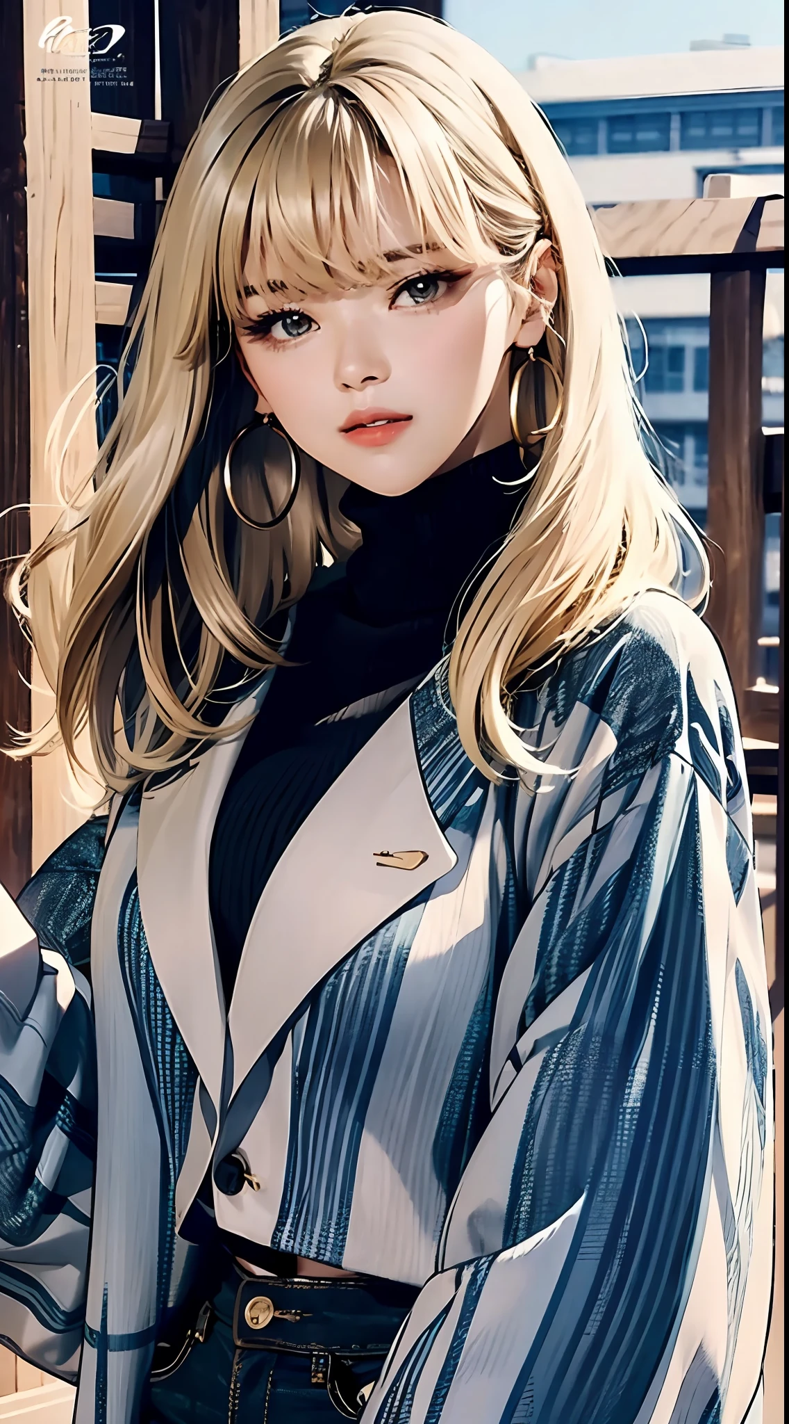 (masterpiece, best quality), beautiful woman, printed cropped turtleneck shirt, jacket, jeans, wavy hair, asymmetrical bangs, waving at the viewer, perfect face, beautiful face, alluring, big gorgeous eyes, soft smile, perfect slim fit body, city streets, (outdoor), seoul, bright colors