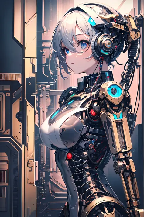 Top quality, masterpiece, intricate details, super detailed, highly detailed 8K wallpaper, machine girl, (mechanical eye), in production, semi-made machine body, machine limbs, (removed mechanical limbs), fully mechanized of the lower body, working robot a...