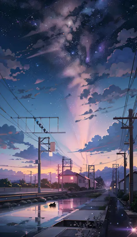 Anime scene of a black cat looking up at the Milky Way, anime drawn by Makoto Shinkai, trend on pixiv, magical realism, beautiful anime scenes, space sky. by Makoto Shinkai, (新海誠), by Makoto Shinkai, anime background art, style by Makoto Shinkai