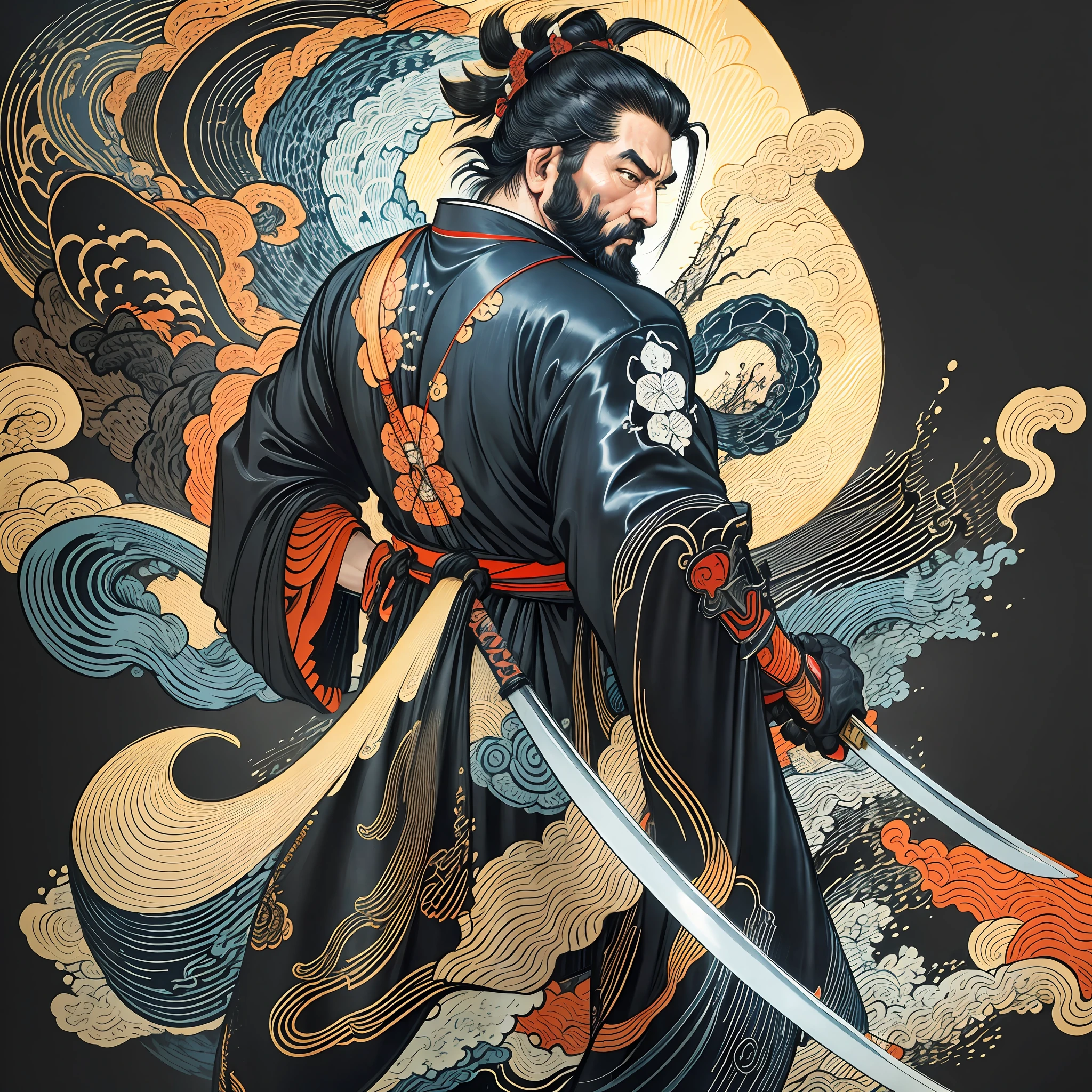 It is a full-body painting with natural colors with Katsushika Hokusai-style line drawings. The swordsman Miyamoto Musashi has a big body like a strongman. Samurai of Japan. He has a dignified yet manly expression of determination, short black hair, and a short, trimmed beard. His upper body is covered in a black kimono and his hakama is knee-long. In his right hand he holds a Japan sword. In the highest quality, in the high-resolution ukiyo-e style lightning and swirling flames of the masterpiece. Miyamoto Musashi stands with his face and body facing forward, his back straight.