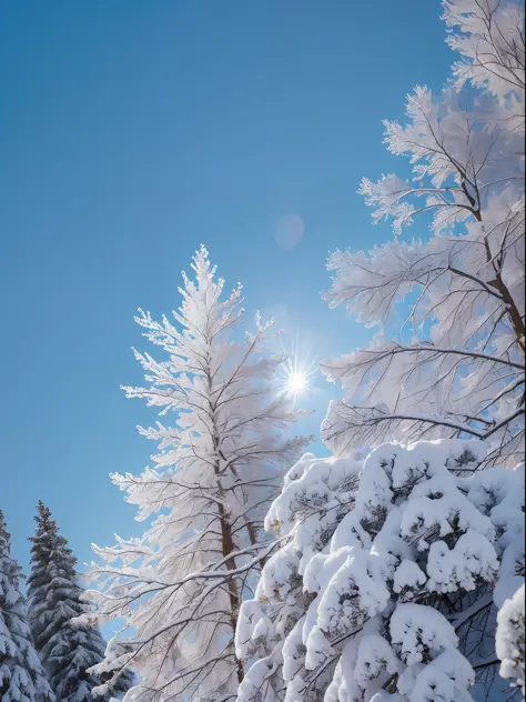 ((highest quality, 8k, masterpiece, photorealism, RAW photo, highest quality)), snow and ice covered trees against blue sky, sunny winter day, snowy trees, cannon snowy trees, winter snow, snow, pale as the first snow of winter, huge white tree in winter, ...
