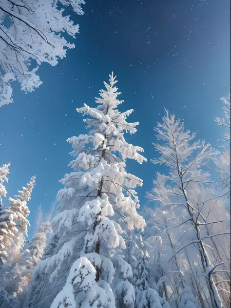 ((highest quality, 8k, masterpiece, photorealism, RAW photo, highest quality)), snow and ice covered trees against blue sky, sunny winter day, snowy trees, cannon snowy trees, winter snow, snow, pale as the first snow of winter, huge white tree in winter, ...