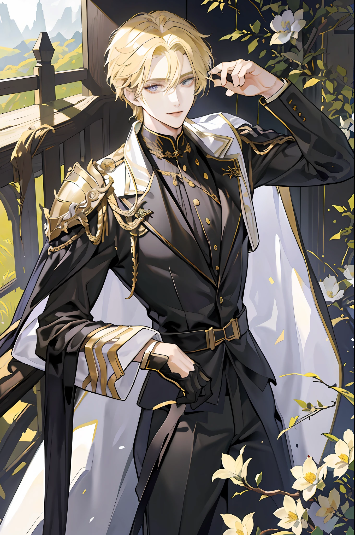 ((Masterpiece: 1.2, best quality)), ((2 men)), long blond hair, golden eyes (handsome: 1.4), white suit, uniform, royalty, (strong black knight, 30 years old, short black hair, scar on right eye, black armor), fantasy, forest, blooming flowers, sunlight, fantastic light and shadow, landscape, highly detailed face, portrait, smile