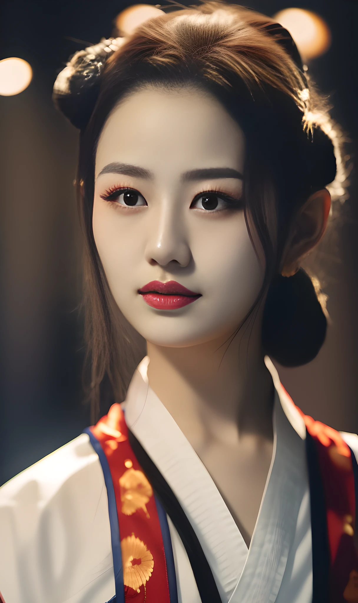 chinesisches Mädchen, Kampfkunststil, mit dem Wort Ninja auf ihrer linken Wange. rundlich, Große Brüste, sonniger Hintergrund, Sie trägt einen traditionellen chinesischen kurzen Rock, hält einen Speer, und ihr Haar ist zu zwei Dutts gebunden,