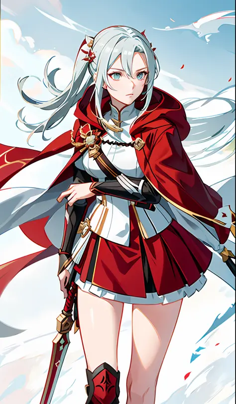 a close up of a cartoon of a woman with a sword, genshin impact character, red hooded mage, ayaka genshin impact, edelgard fire ...