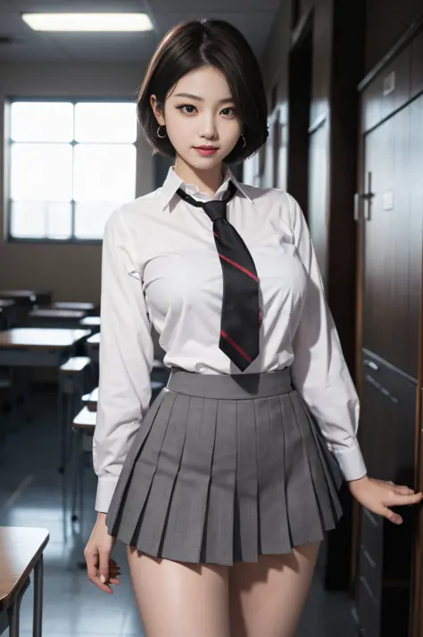 School uniform, shirt, blazer, ribbon tie, skirt, school, hallway in front of classroom, chest protruding pose, 8K RAW photo, high resolution, 15 year old Korean, very big round breasts, beautiful eyes in detail, long eyelashes, beautiful double eyelids, e...