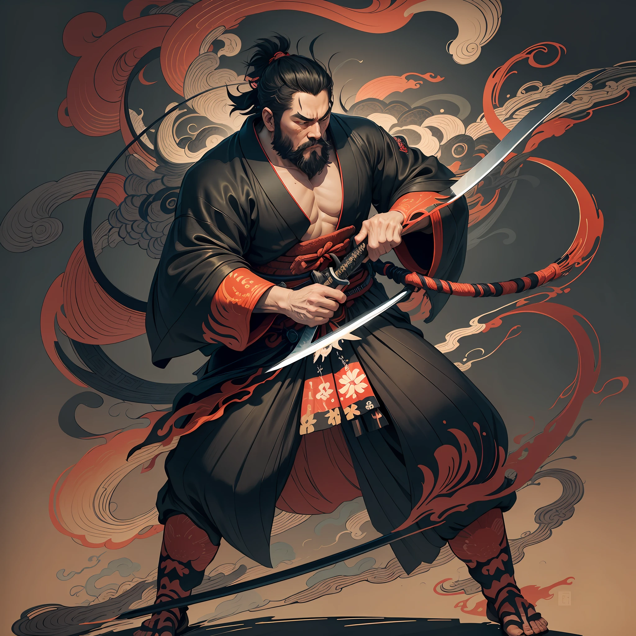 Es una pintura de cuerpo entero con colores naturales al estilo del ukiyo-e.. Miyamoto Musashi es un samurái japonés con un cuerpo grande como un hombre fuerte. tiene una cara áspera, pelo negro corto, y un corto, barba recortada. Es un samurái justo que lucha contra el mal.. Lleva un kimono negro. La hakama debe ser un poco más larga y dibujar una forma fluida que ondee con el viento.. Tiene una espada en su mano derecha y llamas salen de su espada japonesa.. El fondo es una llama arremolinada al estilo Katsushika Hokusai.. Obra maestra estilo ukiyo-e de alta resolución, con la más alta calidad --auto --s2
