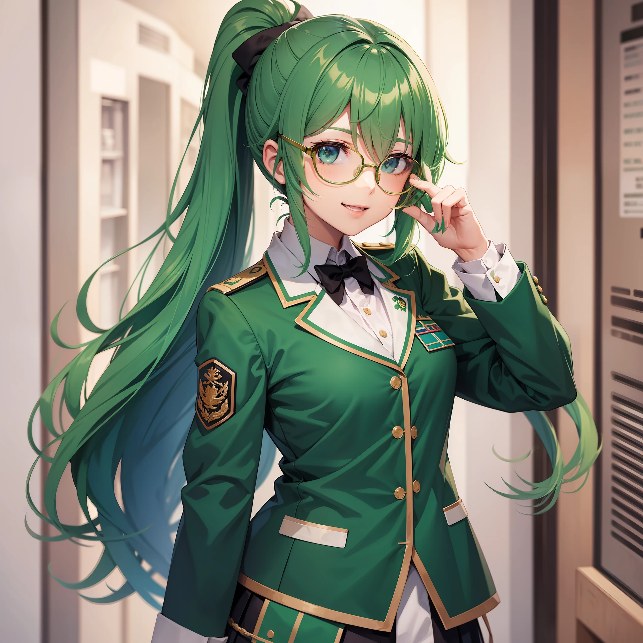 Chica anime con cabello verde y gafas en uniforme verde. - SeaArt AI