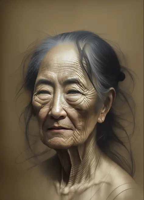 An old Vietnamese woman with wrinkles and a paternity shirt 