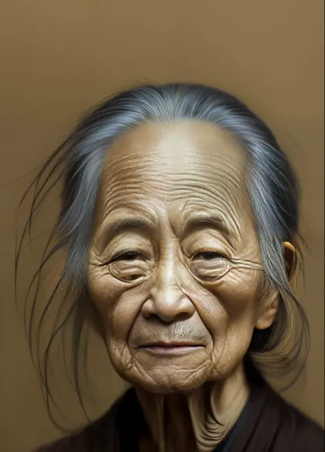 An old Vietnamese woman with wrinkles and a paternity shirt 